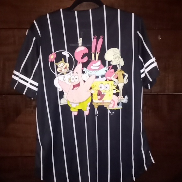 💎NWOT Nickelodeon Medium Button Up Pinstripe SpongeBob 99 Short Sleeve Shirt - Picture 2 of 2